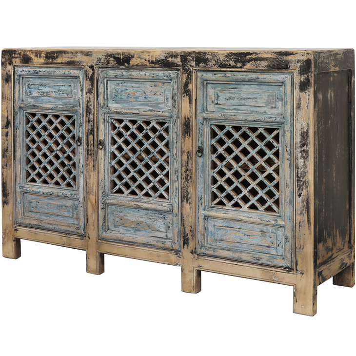 新中式实木复古做旧餐边柜镂空柜子隔断柜玄关柜三门收纳柜装饰柜