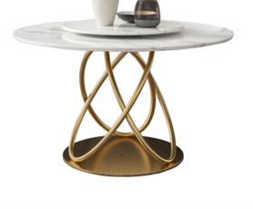 金色底座白色岩板圆形餐桌