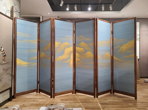 新中式六联屏风蓝色金山