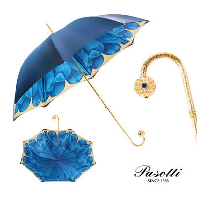 Pasotti意大利进口手工晴雨伞蓝色大丽花双层布礼品水晶女士伞