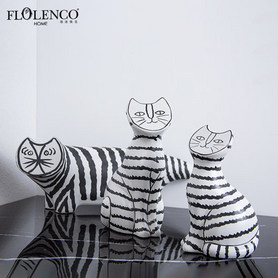 现代简约黑白条纹陶瓷猫咪动物摆件