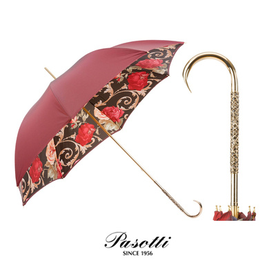 意大利进口Pasotti手工晴雨伞暗红色花纹款黄铜手柄欧式复古礼品