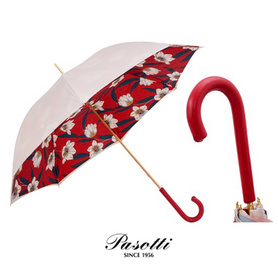 Pasotti意大利手工晴雨伞象牙白花纹皮革红色长柄婚伞遮阳伞