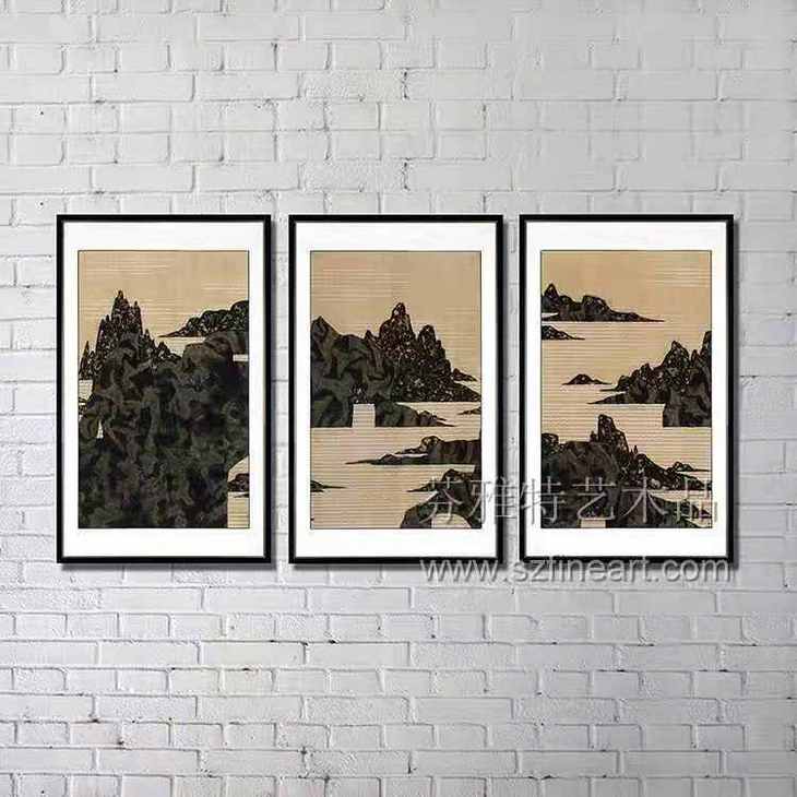 轻奢现代中式山水三联装置画