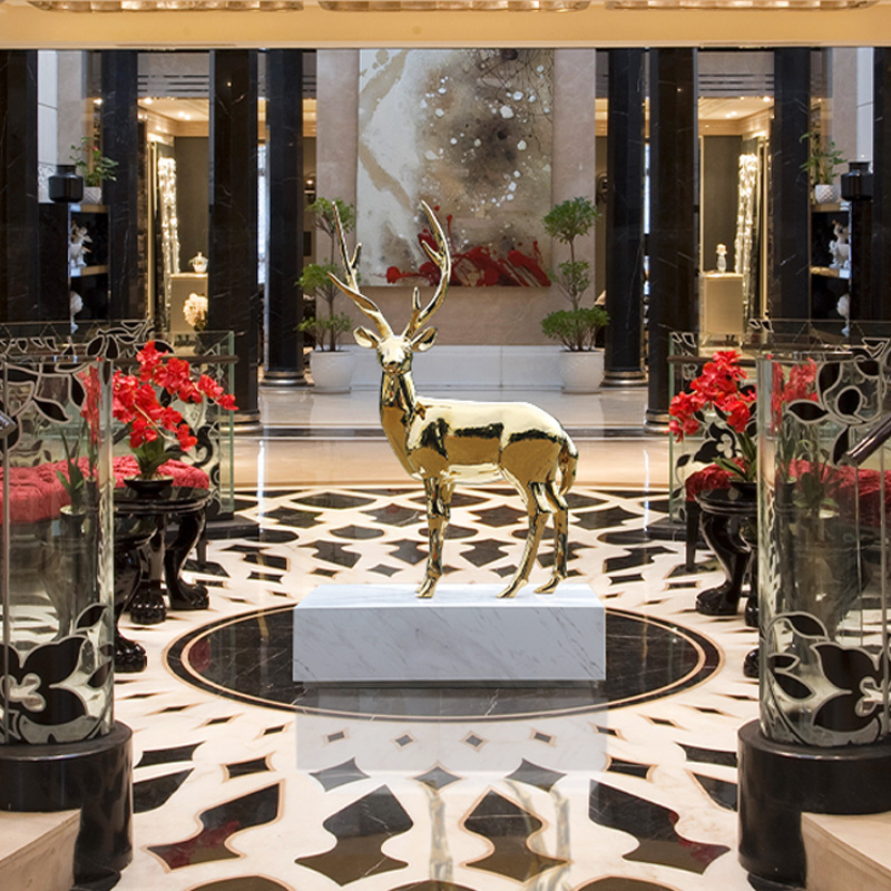 酒店大堂摆件动物鹿不锈钢雕塑定制电镀售楼处落地大型项目装饰品
