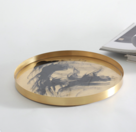 新中式家居水墨铜制桌面托盘果盘摆件中式样板房金属装饰托盘摆设