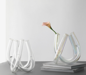 现代家居装饰摆件创意U型花器 样板间装饰插干花透明玻璃花器摆设
