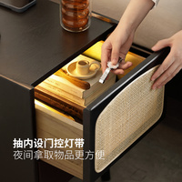 源氏木語全實(shí)木床頭柜現(xiàn)代輕奢家用編藤收納柜北歐簡約黑色床邊柜X160A01 床頭柜