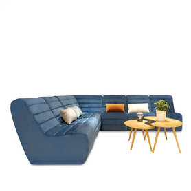 蓝色天鹅绒l形沙发截面休息室设计沙发套 7 座现代转角沙发分组赛