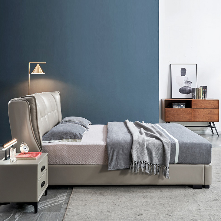现代简约真皮床1.5网红床榻榻米乳胶床垫床头柜组合1.8米卧室皮床