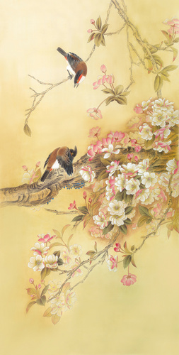 新中式花鸟图案客厅餐厅定制墙纸壁纸