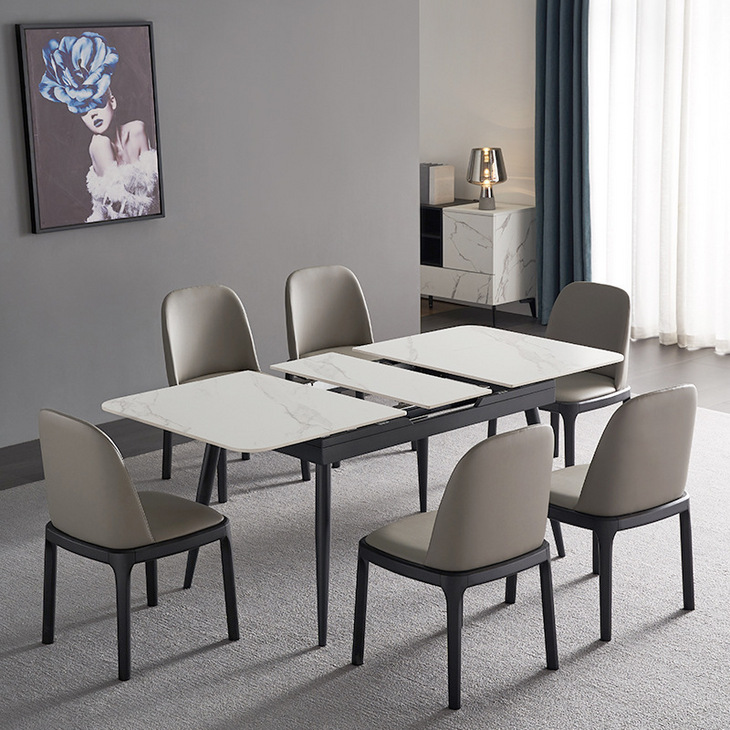 意式岩板餐桌 轻奢岩板伸缩餐厅桌 家用小户型多功能可伸缩餐桌