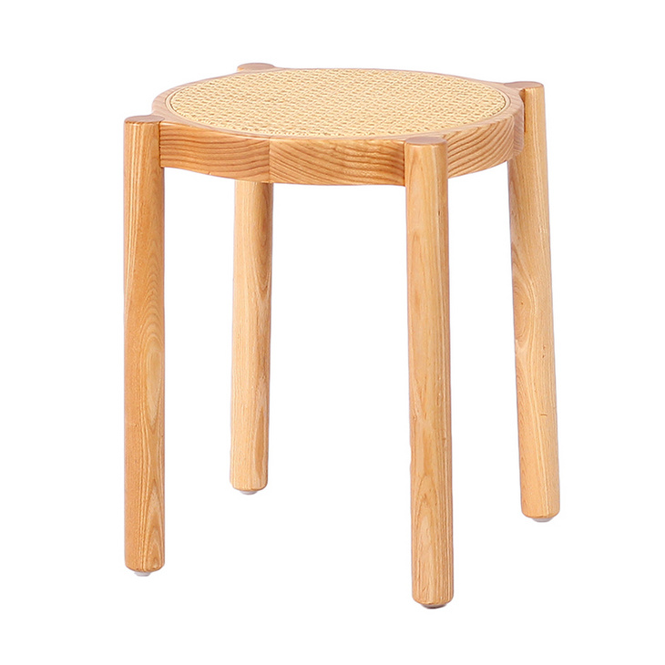 藤编小圆凳北欧复古实木家用餐凳可叠放换鞋凳梳妆小凳子藤编餐椅