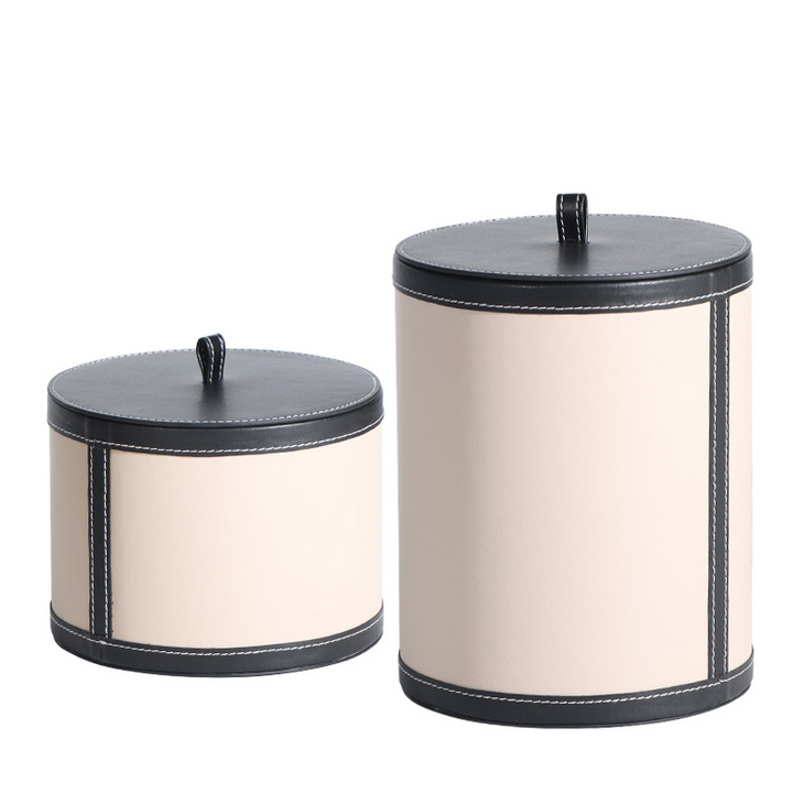 黑色-米白色混搭超纤皮革-综合材质圆形储物盒 SD-22FX03485