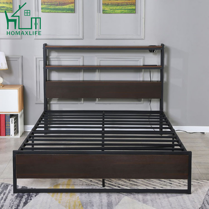 Free Sample 2020 Metal Bed Frame Platform Mattress Foundation with steel Slats Support Headboard Footboard Queen