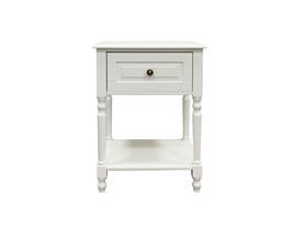 Wooden Classic Bed Side Table with Shelf White Painting with Antique Handle 1-Drawer Accent Table