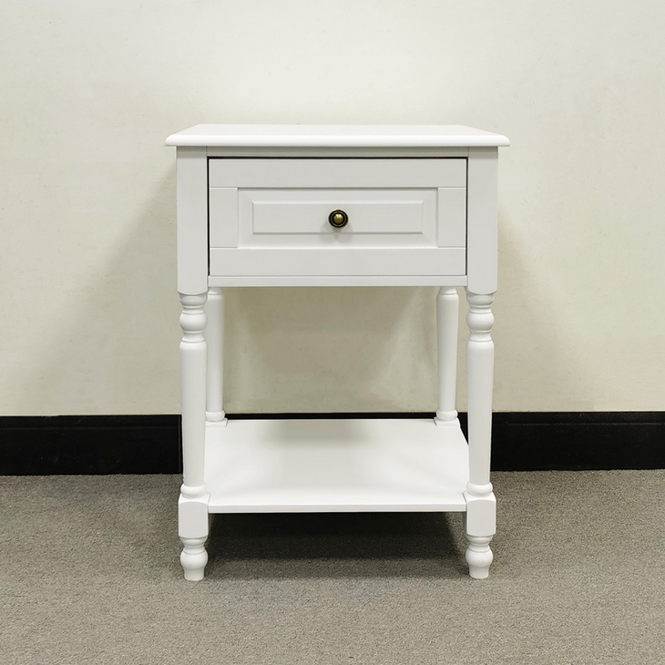 Wooden Classic Bed Side Table with Shelf White Painting with Antique Handle 1-Drawer Accent Table