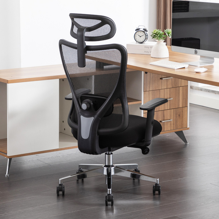 Home Office Desk Chair with Adjustable Headrest & Armrest, 90°-135° Reclining Chair, Rolling Swivel Mesh Chair, Black