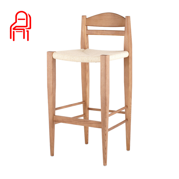 北欧风格新简约休闲制造商批量编织绳椅白蜡木实木咖啡厅高脚椅