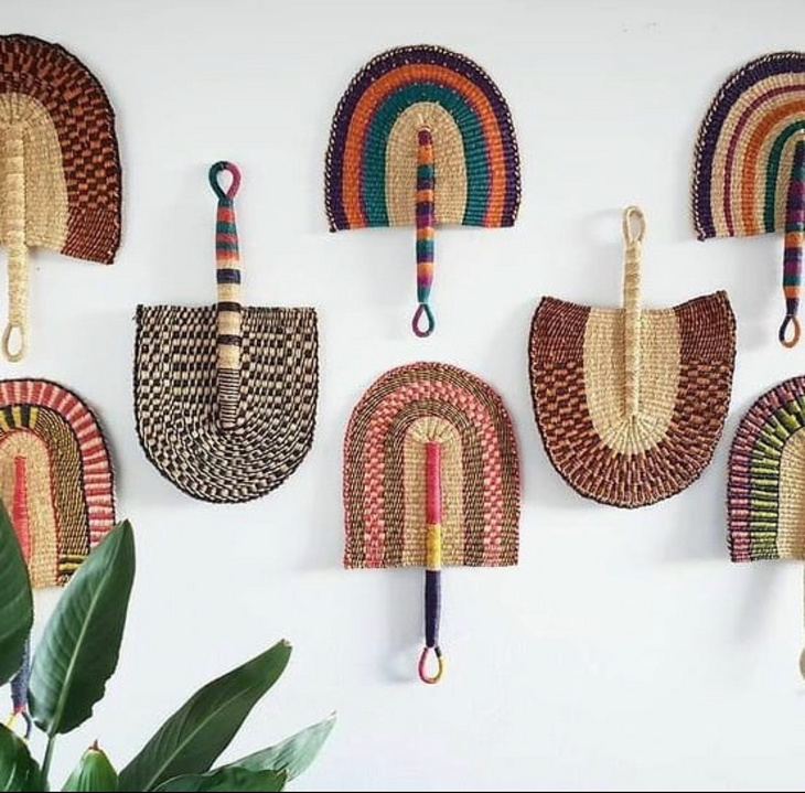 【孤品】非洲进口加纳手工双面编织草编扇子墙面装饰挂件