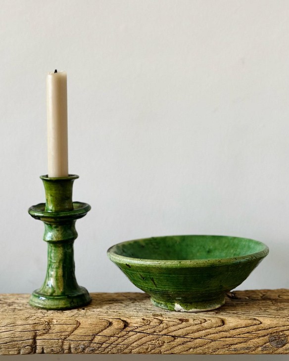 【孤品】摩洛哥进口手工绿釉陶碗/烛台