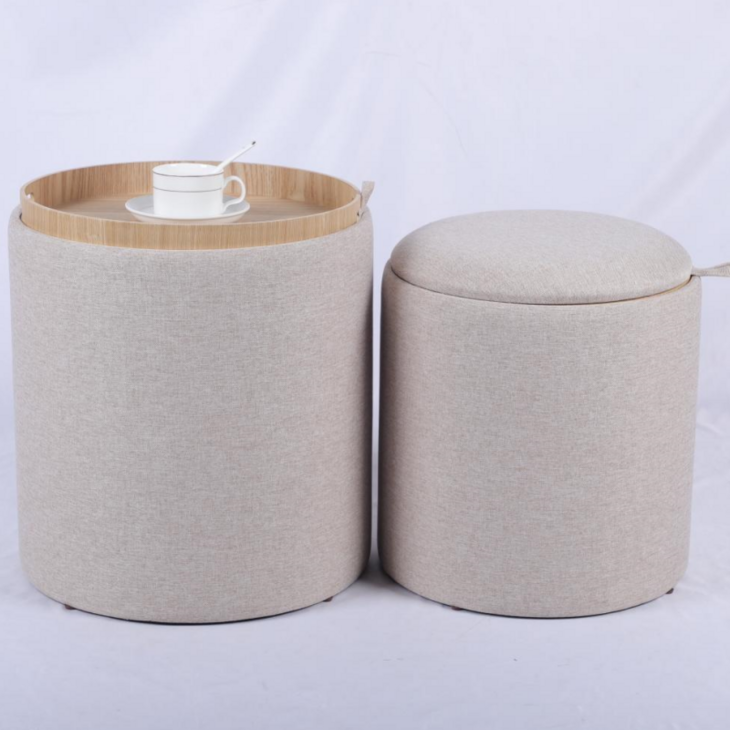 Round Storage Ottoman with Tray Pouf Stool Home Decor