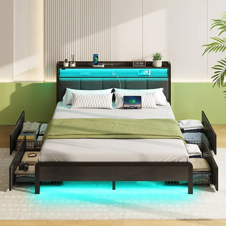 wooden metal bed with light