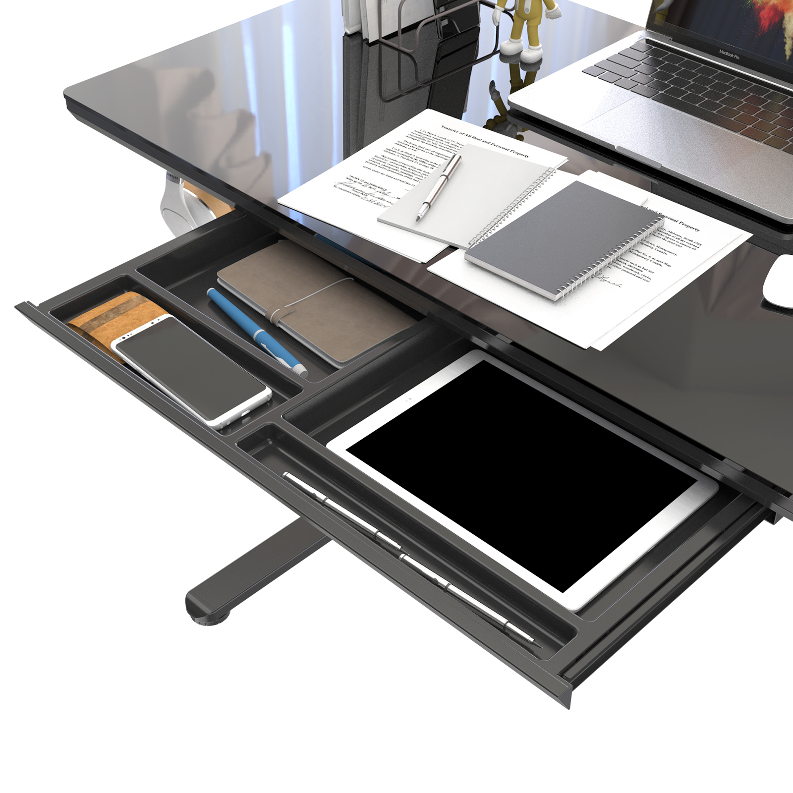 V-mounts Height Adjustable Tempered Glass Desk with Ultra-thin Surface JSD5-01-G6