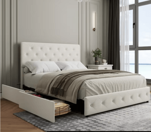 Custom High Quality Queen/King Size Modern Design Bed Frame Upholstered with Drawers Storage