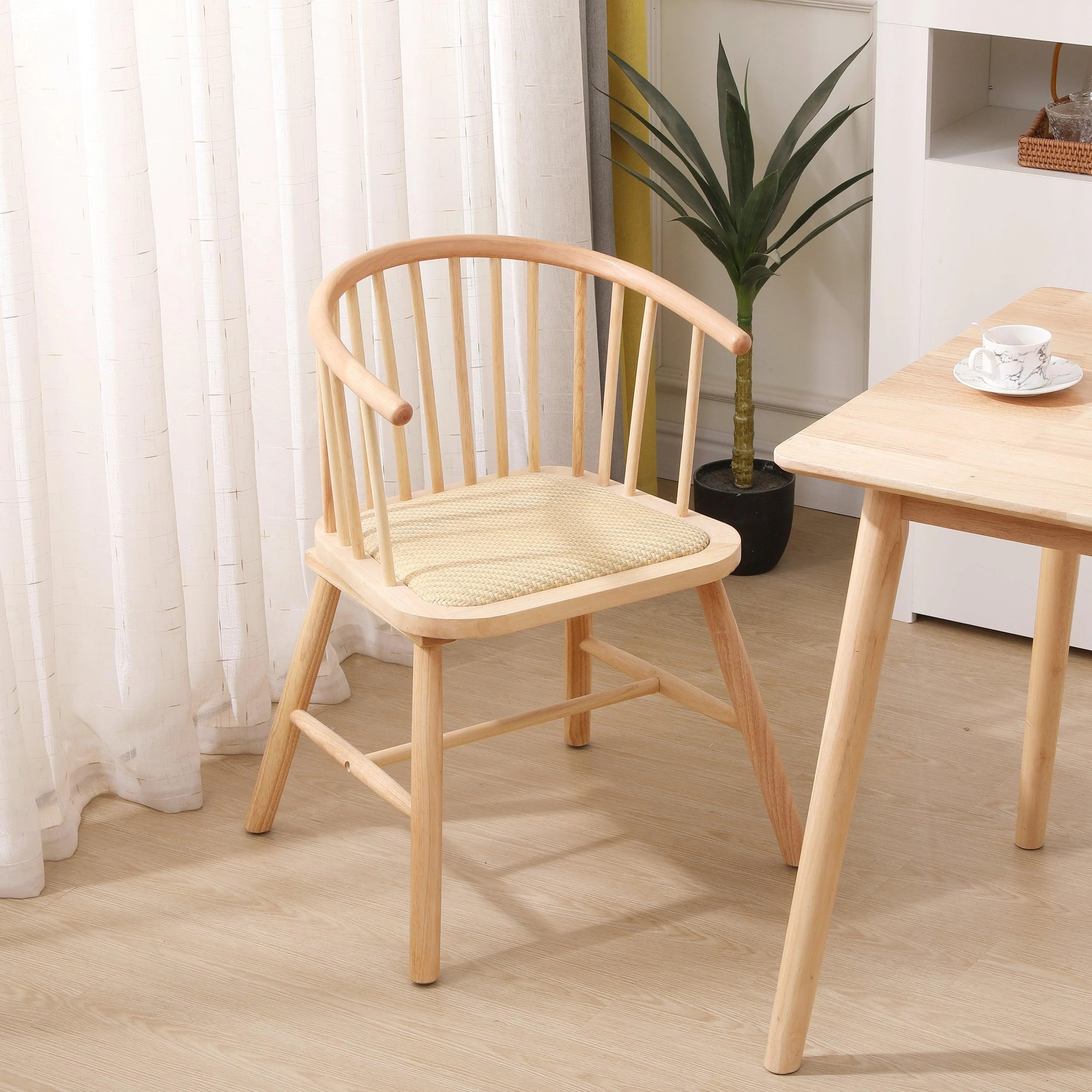 Nordic minimalist style modern solid wood dining chair with rattan cushion armchair for restaurant or banquet