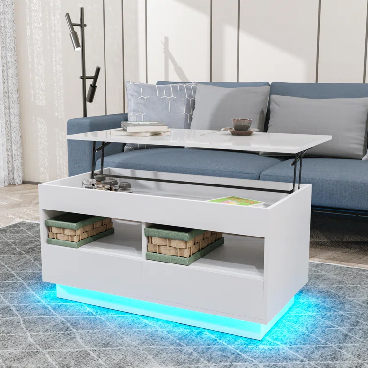 White Lift top Led Coffee Table with LED Light