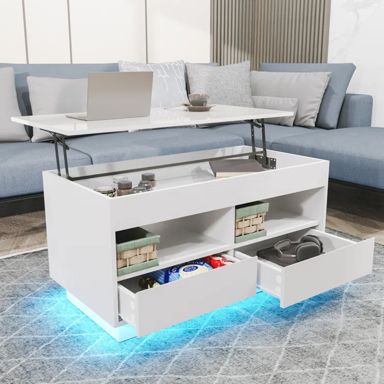 White Lift top Led Coffee Table with LED Light