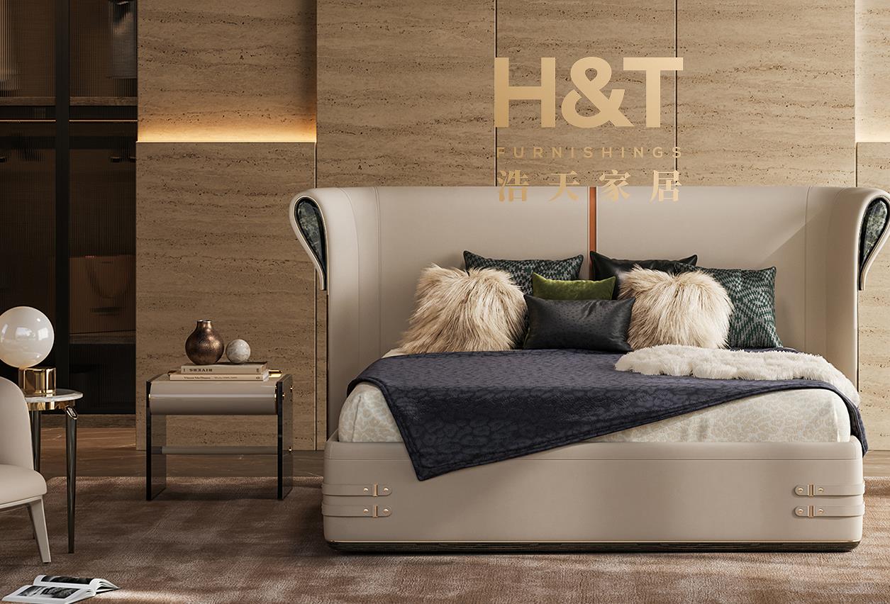 H&T Furnishings Italian Luxury Leather Bed | High - End Headboard + Metal Trim, Master Bedroom Statement