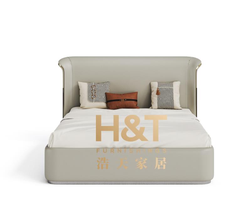 Cream - Colored Leather Bed, Custom High - Back & Metal Ottoman, Create Immersive Sleep Space