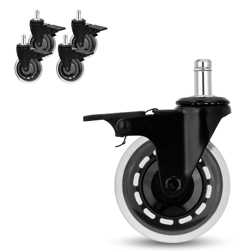 3 inch casters, anti-tangle brake chair wheels, PU industrial furniture casters, black cart wheels, household swivel casters