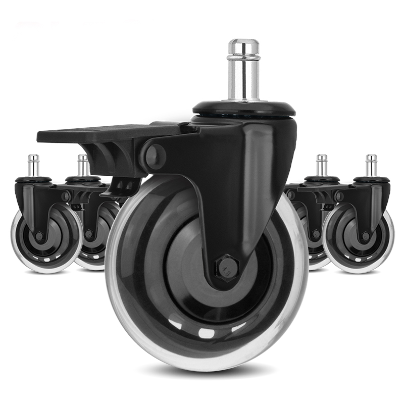 3 inch casters, anti-tangle brake chair wheels, PU industrial furniture casters, black cart wheels, household swivel casters