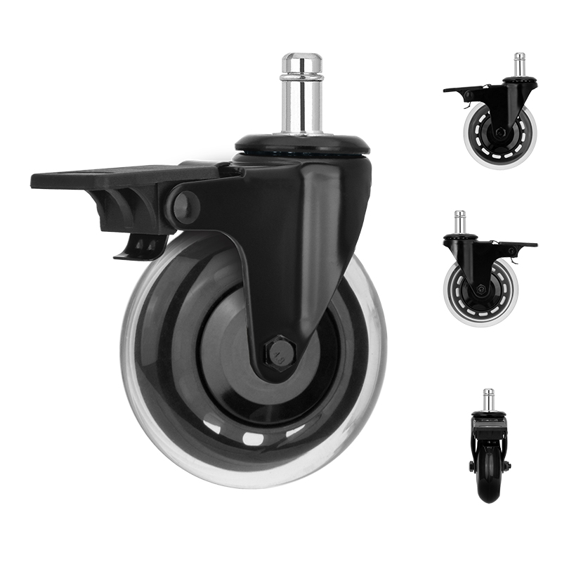 3 inch casters, anti-tangle brake chair wheels, PU industrial furniture casters, black cart wheels, household swivel casters