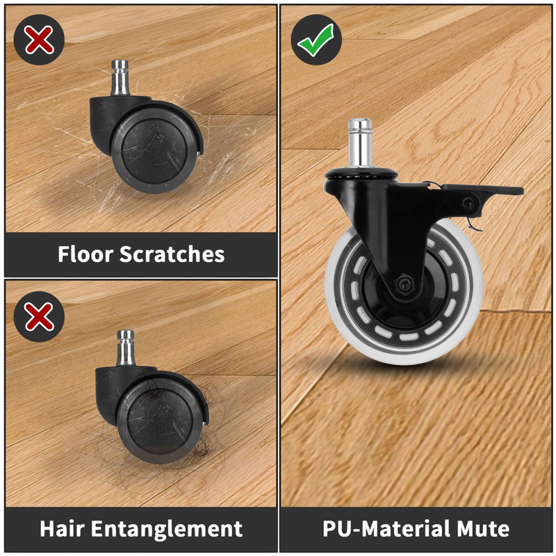3 inch casters, anti-tangle brake chair wheels, PU industrial furniture casters, black cart wheels, household swivel casters
