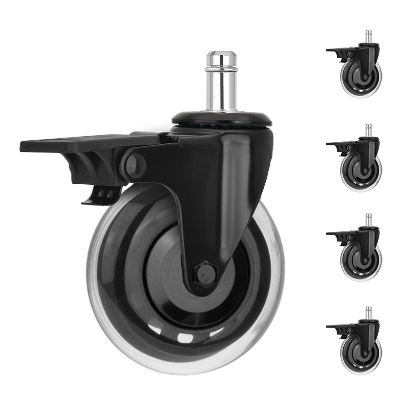 3 inch casters, anti-tangle brake chair wheels, PU industrial furniture casters, black cart wheels, household swivel casters