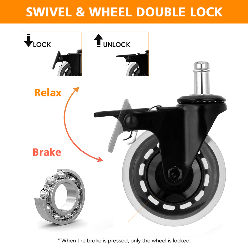 3 inch casters, anti-tangle brake chair wheels, PU industrial furniture casters, black cart wheels, household swivel casters