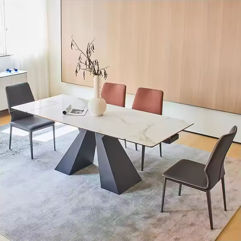 Scalable Dining Table Set with Sintered Stone in Carbon Steel Legs