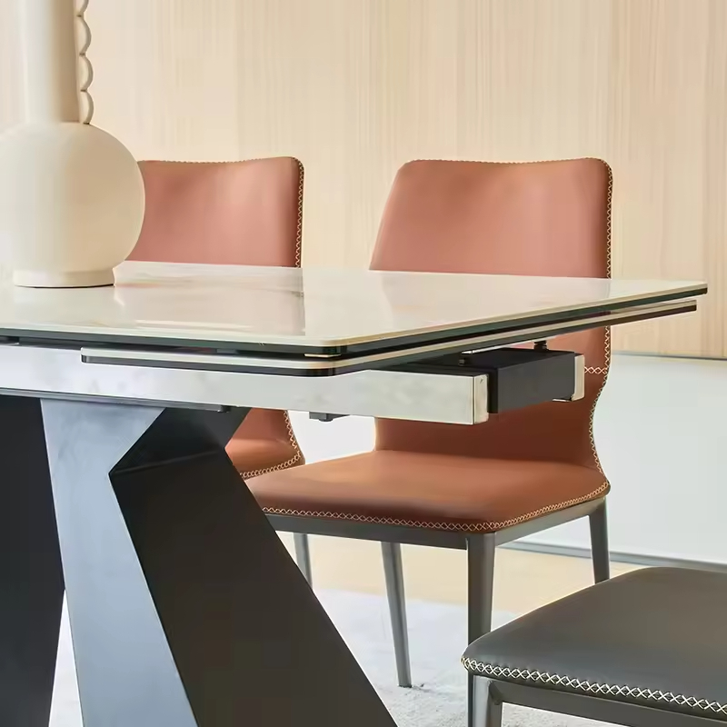 Scalable Dining Table Set with Sintered Stone in Carbon Steel Legs