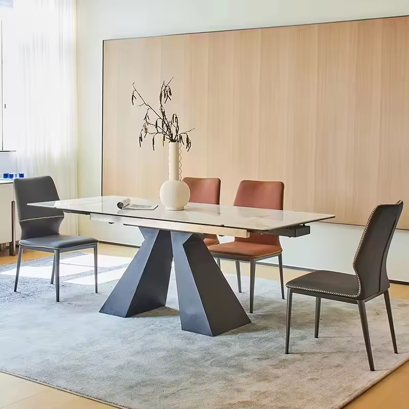 Scalable Dining Table Set with Sintered Stone in Carbon Steel Legs