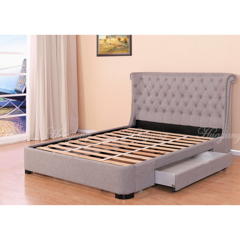 Huayang Customized Bedroom Furniture Retro Upholstered Flat Storage Bed with Drawer