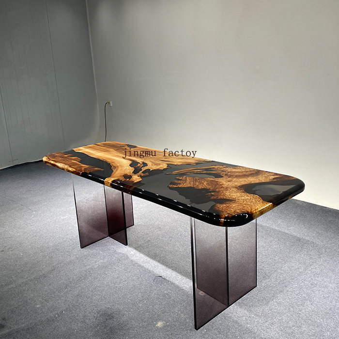 Custom Camphor Wood Hotel Villa Restaurant Dinner Kitchen Dining Room Table River Handmade Epoxy Resin Slab with Acrylic Base