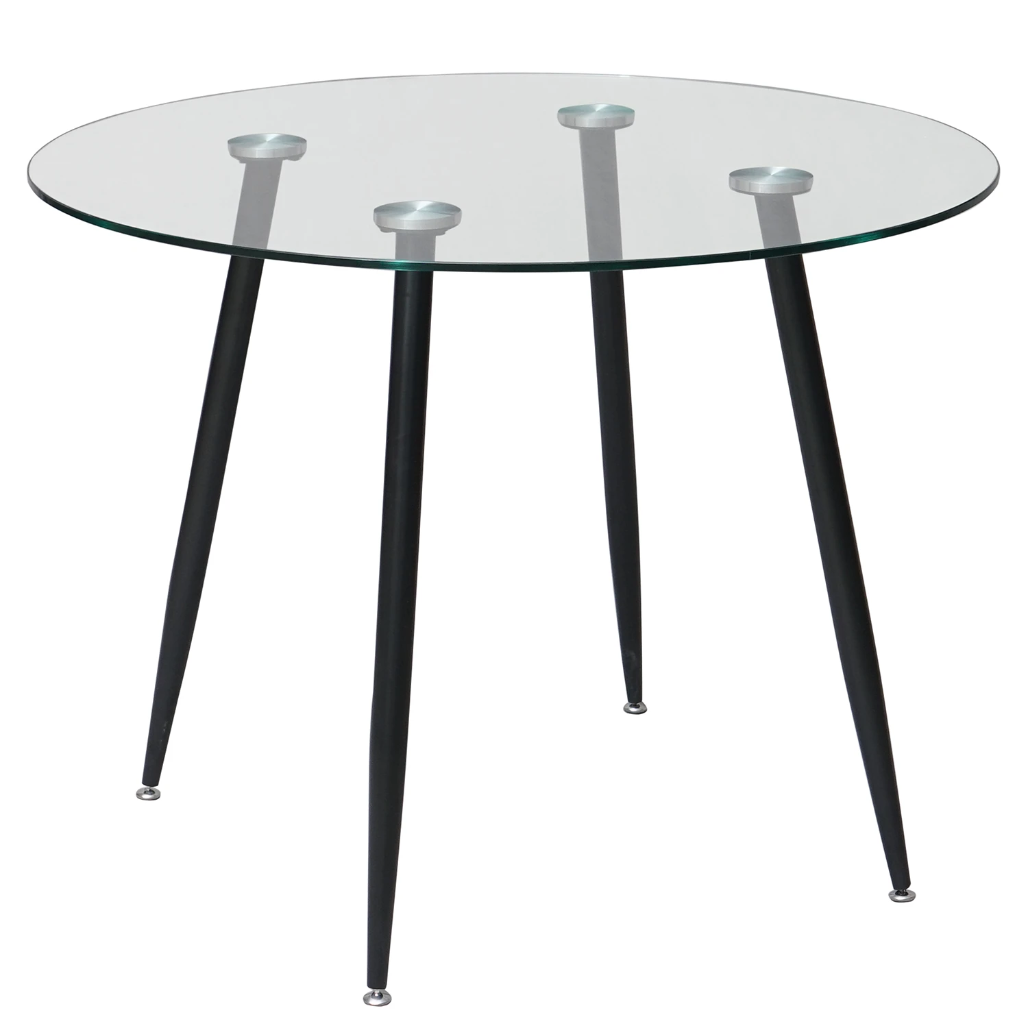 Modern round glass dining table with black metal feet
