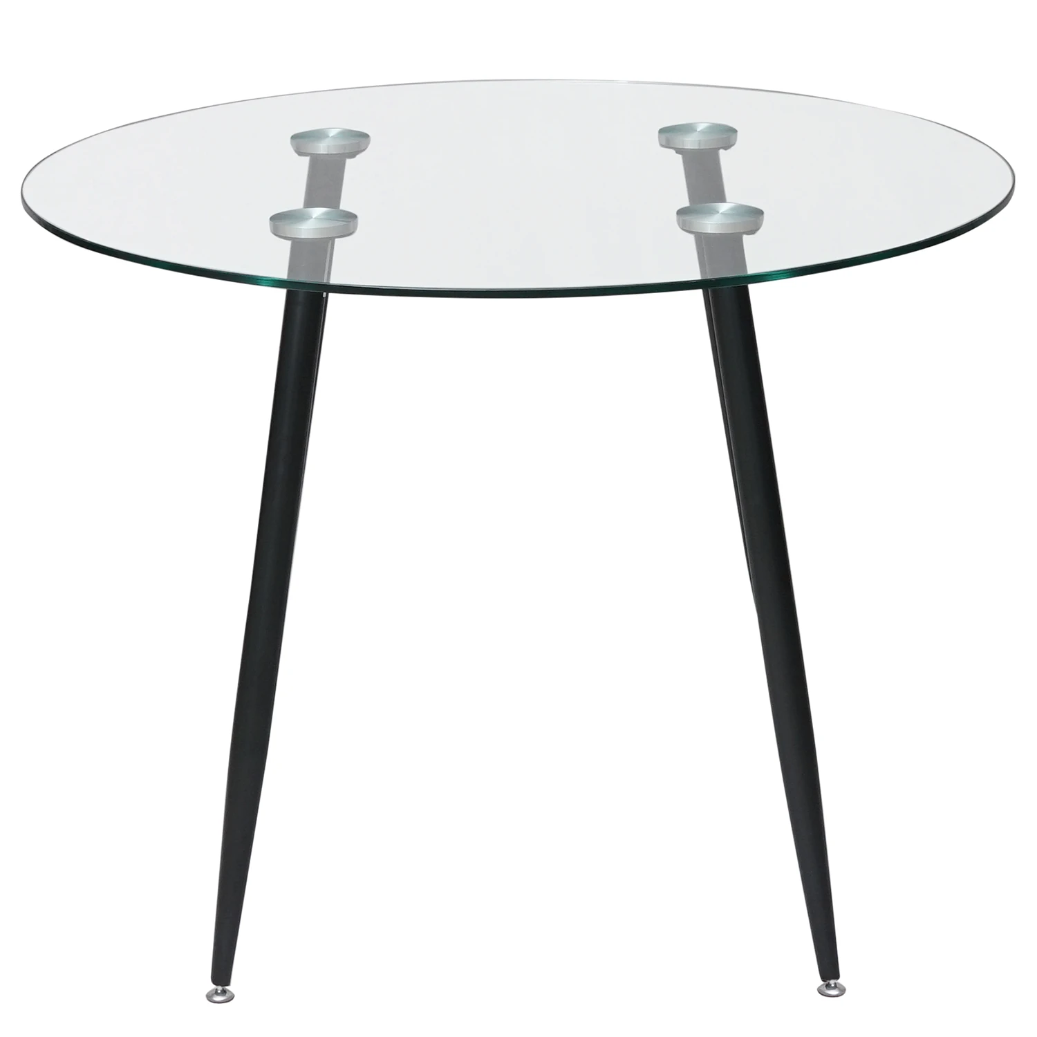Modern round glass dining table with black metal feet