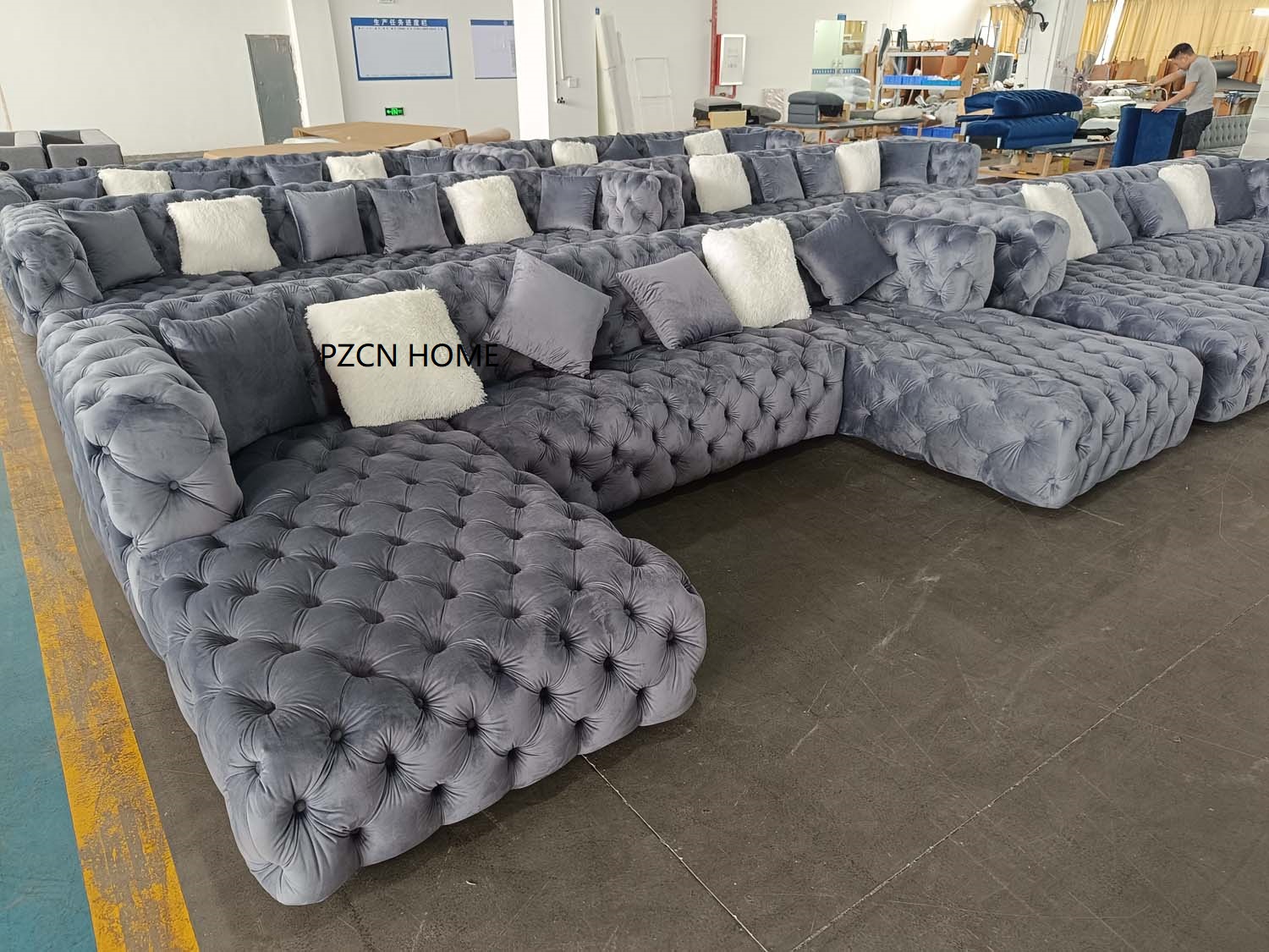 U shape luxury cream color velvet fabric living room sofa set sectional