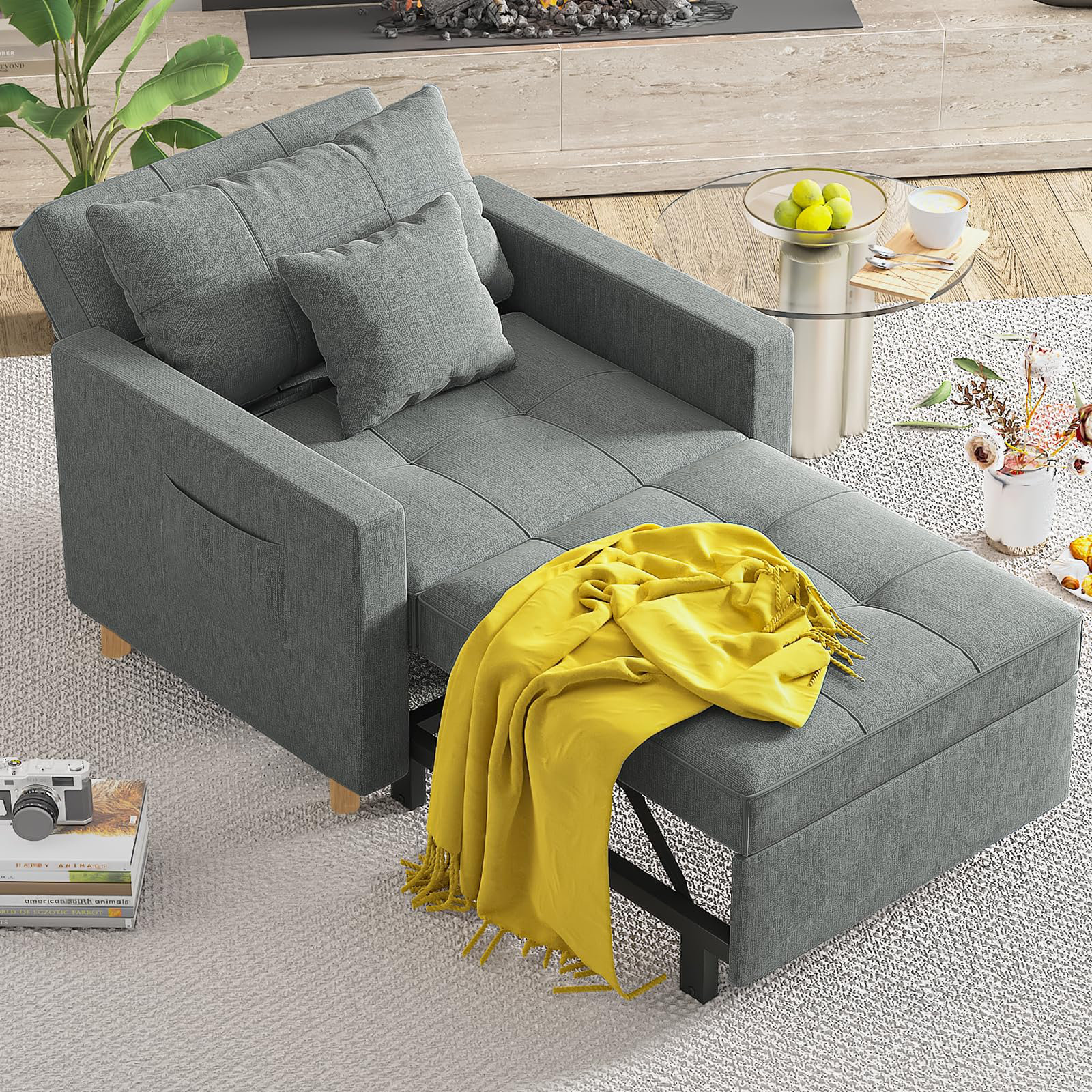 velvet linen fabric single sofa bed with pull out bed