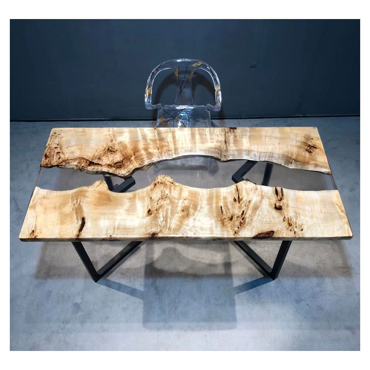 Live Edge Center Table Top Poplar Burl Wood Transparent Epoxy Resin Dining Table River Table